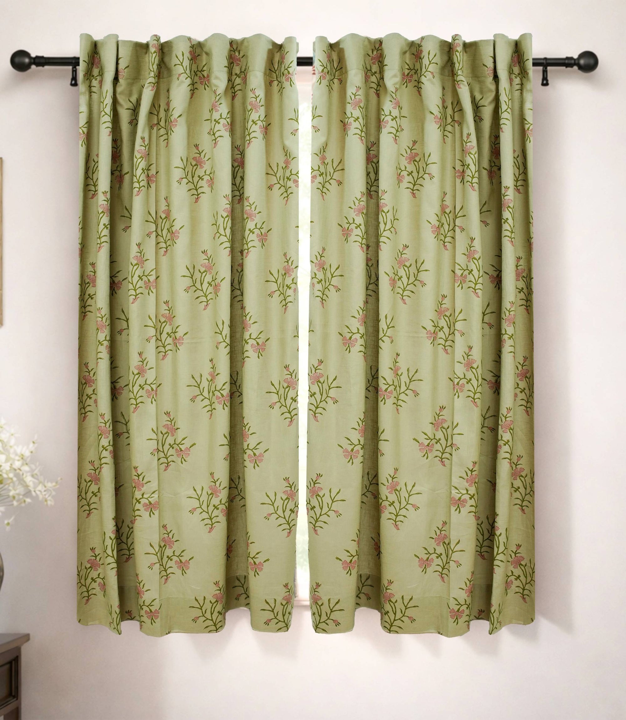 Block Print Gray Floral Linen Bedroom Window Curtains - Daisy