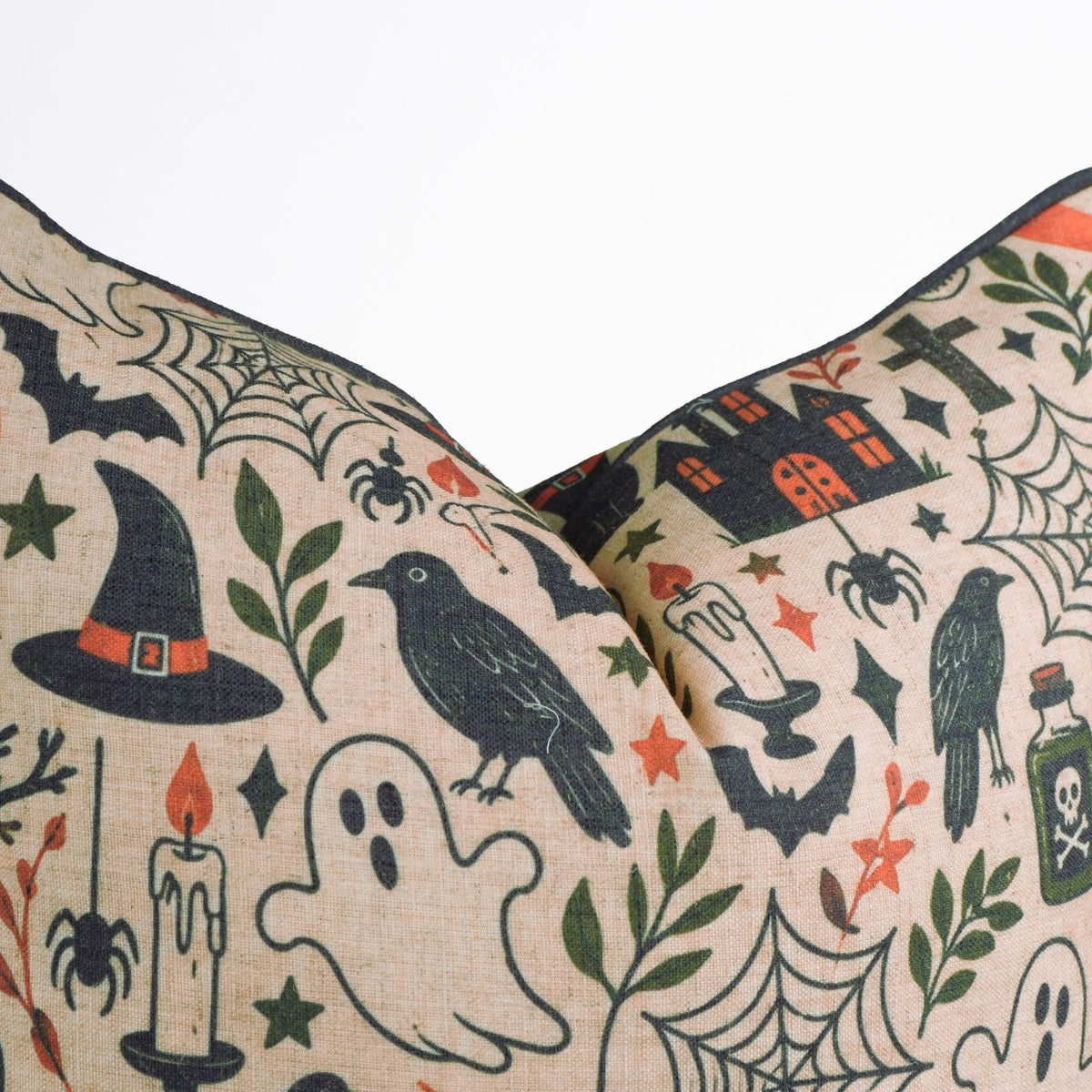Halloween Printed Beige Linen Piping Pillow Cover - BooMix