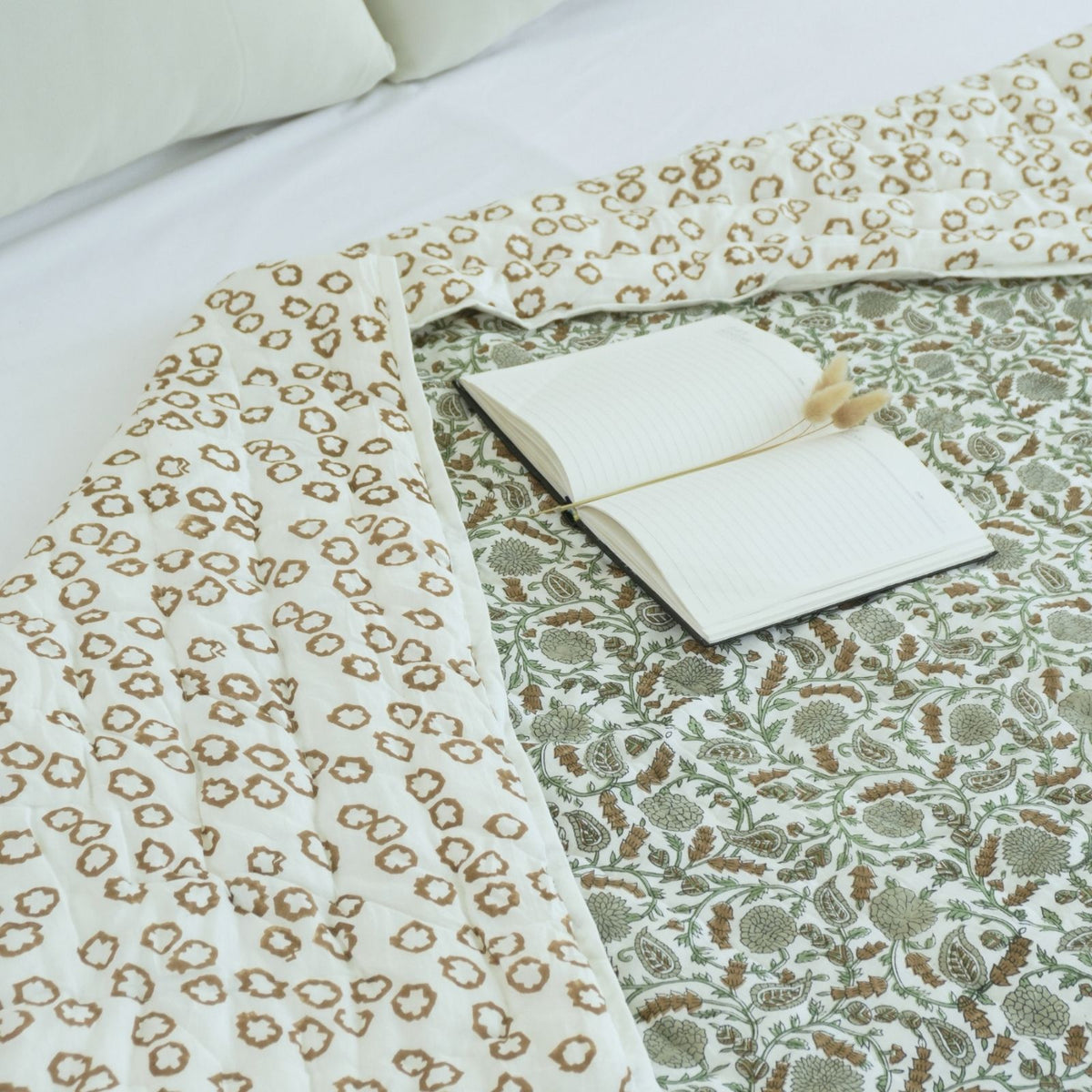 Block Print Sage Green Cotton Reversible Quilt - Gopi