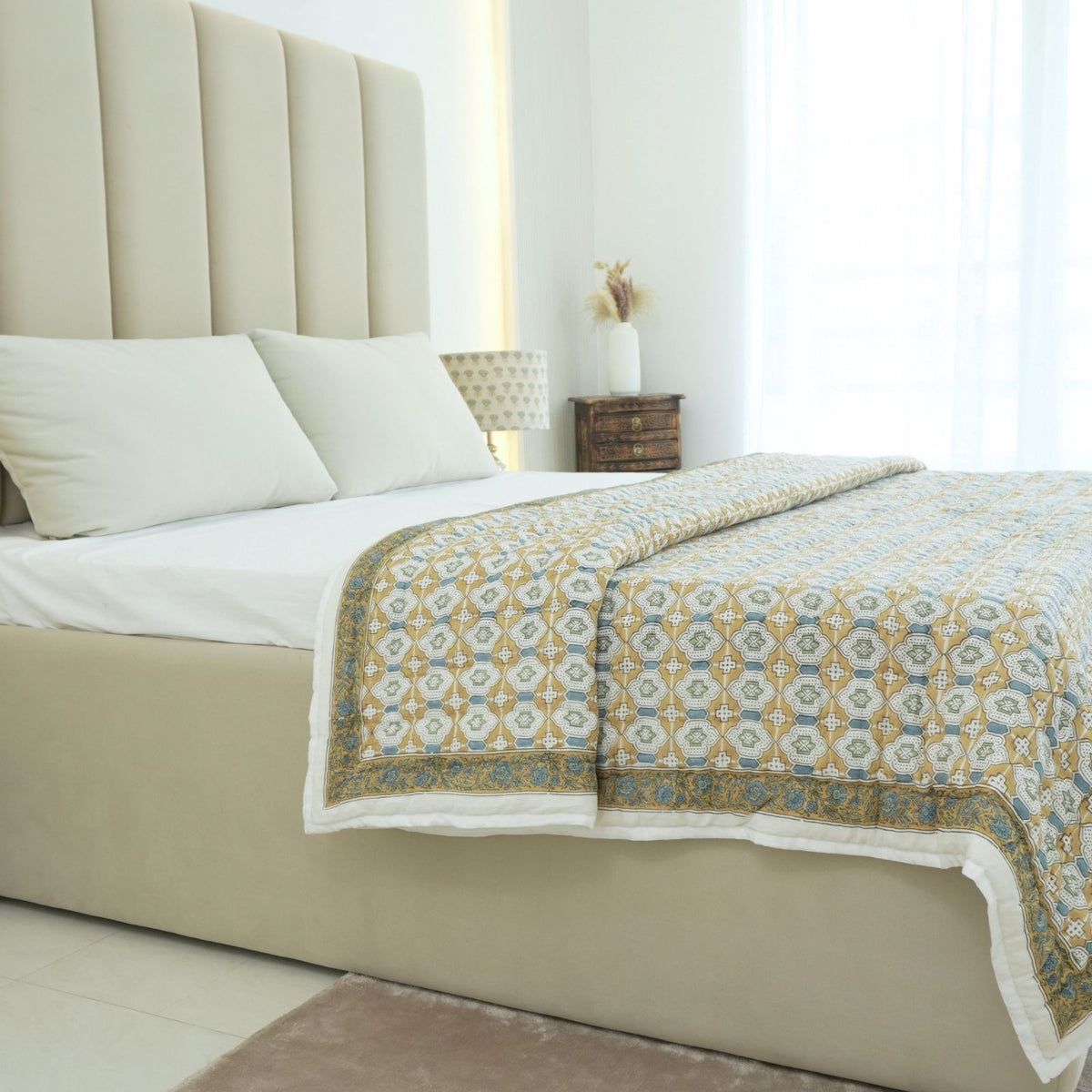 Jaipur Artisan Made Mustard Jarokha Cotton Reversible Quilt