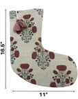 Hand Block Printed Linen Christmas Stocking in Red Wine Floral Design with Pom Pom For Modern Farmhouse Decor