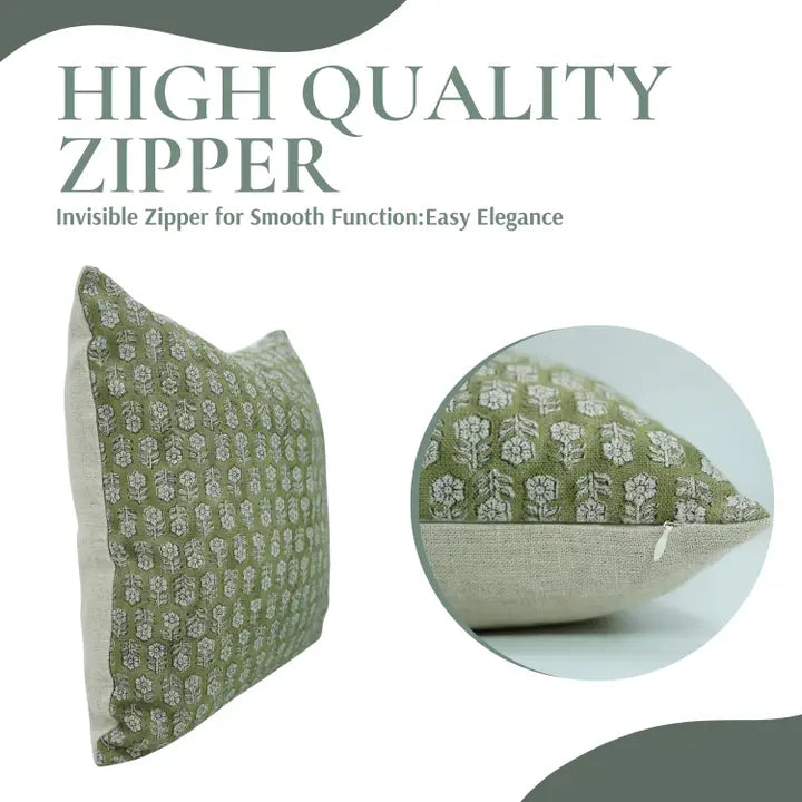 Indian Traditional Print Olive Green Linen Pillow - Tulsi Buti 