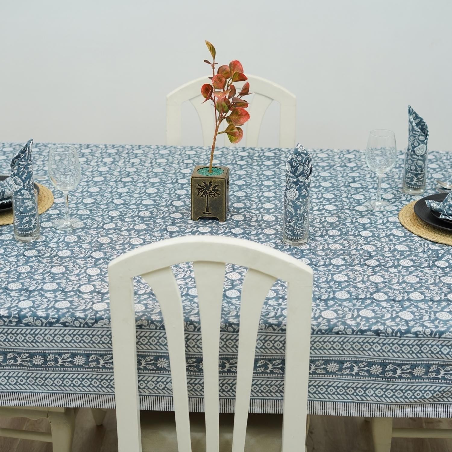 INDIAN HAND BLOCK PRINTED COTTON FLORAL DECORATIVE BOHO TABLE COVER WITH NAPKINS - SHILONG
