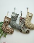 Hand Block Printed Linen Christmas Stocking in Red Wine Floral Design with Pom Pom For Modern Farmhouse Decor
