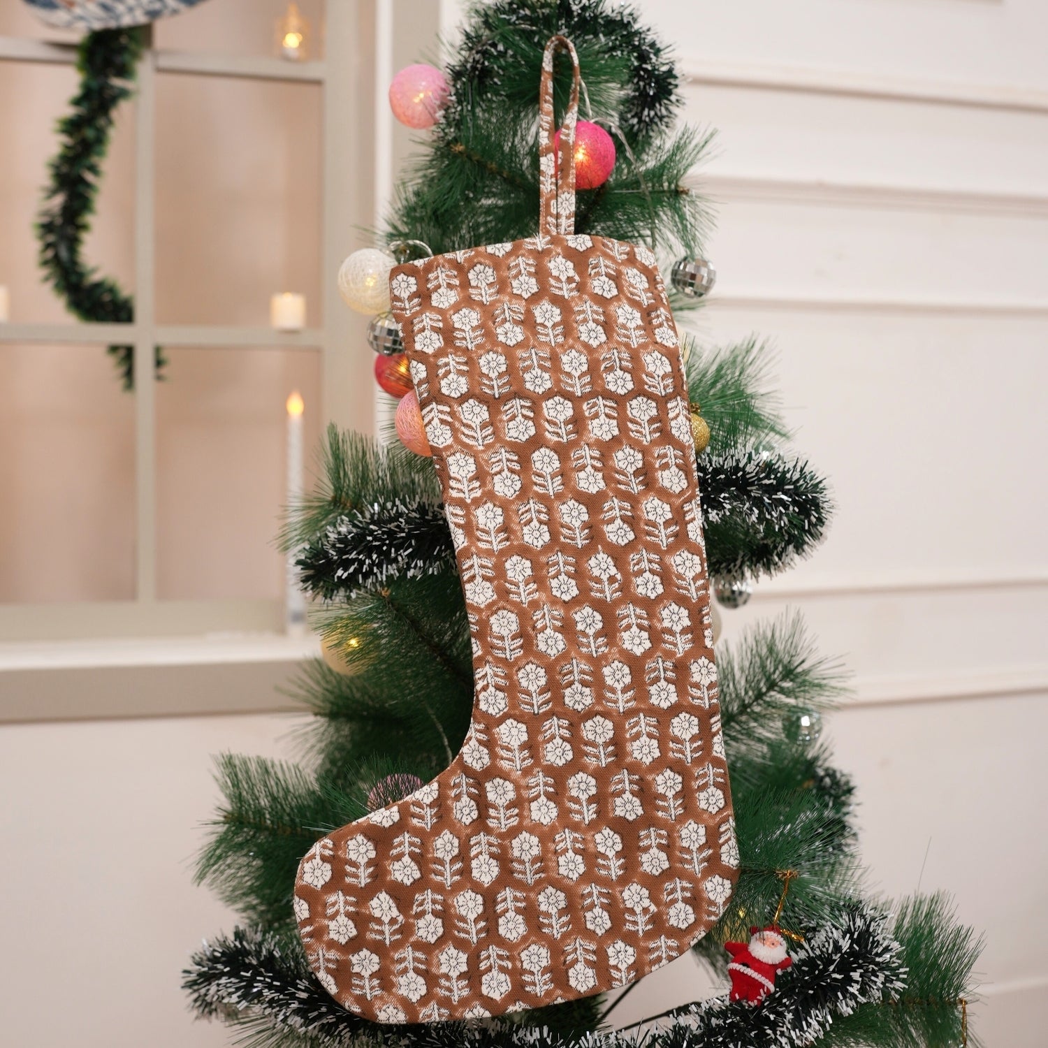 Block Printed Brown Mandakani Christmas Stockings Handcrafted on Thick White Cotton with Pom Pom Detailing Perfect for Farmhouse Hanging