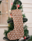 Block Printed Brown Mandakani Christmas Stockings Handcrafted on Thick White Cotton with Pom Pom Detailing Perfect for Farmhouse Hanging