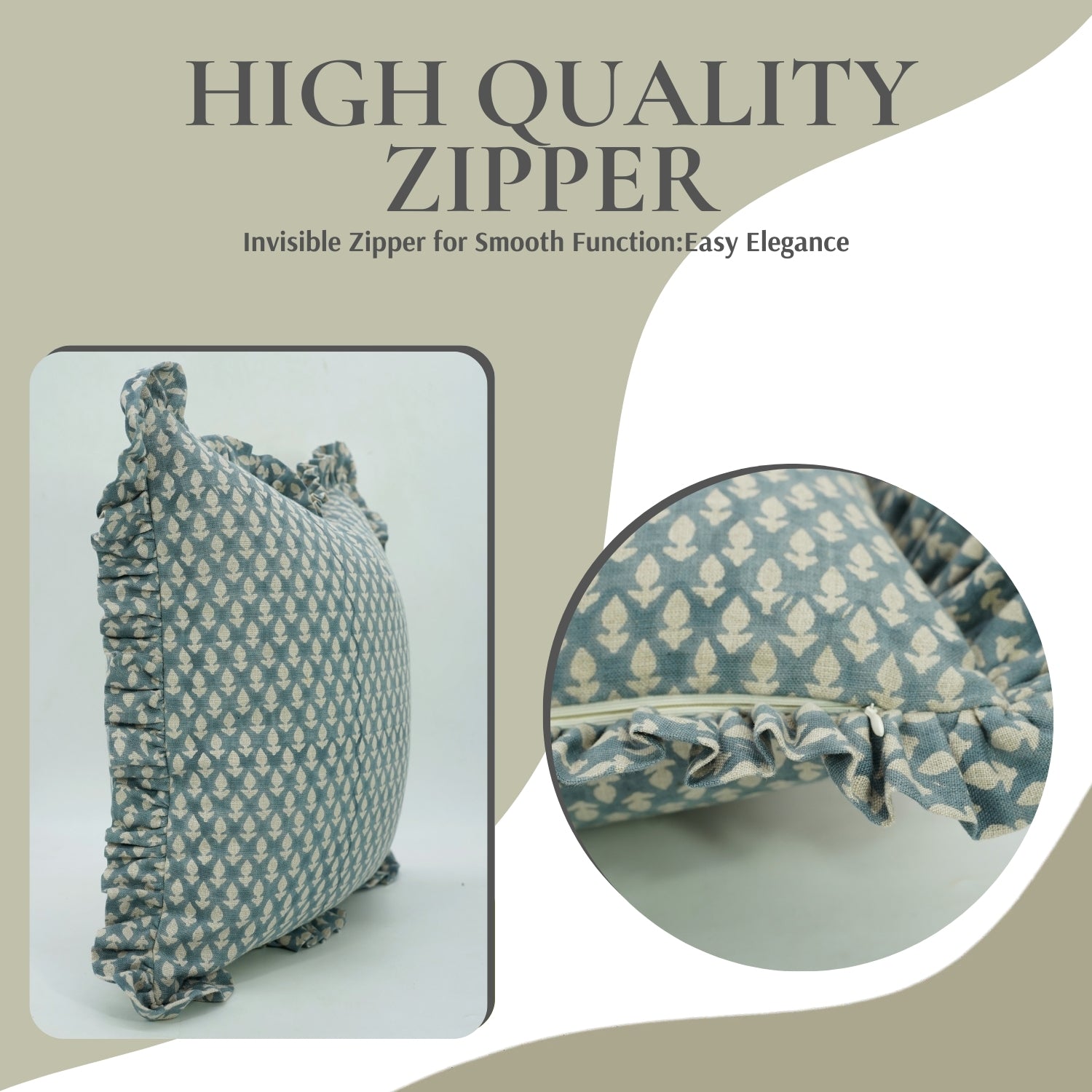 Floral Block Printed Pure Linen Frill Pillow Cover - Hariyali