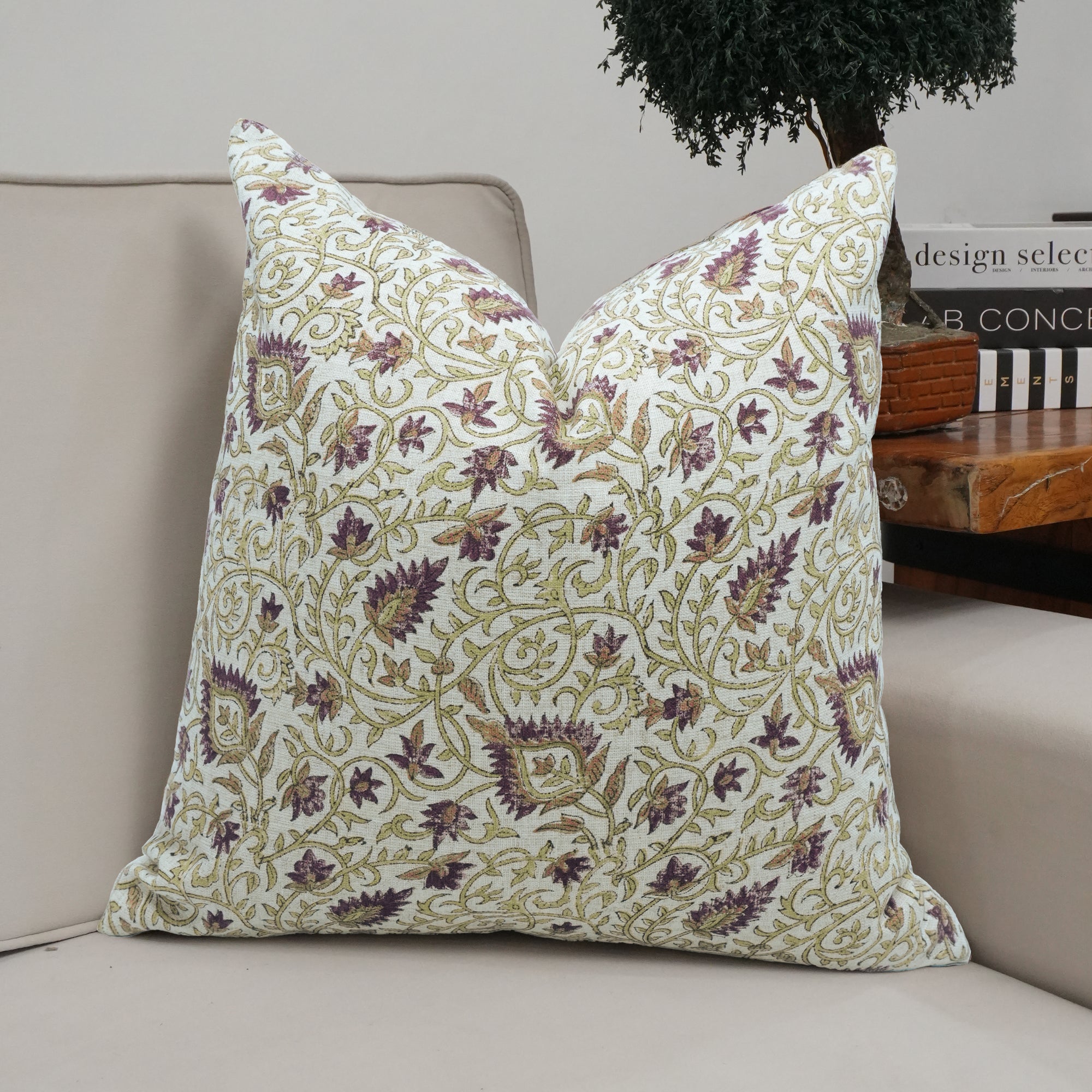 Indian Floral Print Heavy Viscose Linen Pillow Cover - Hawamahal