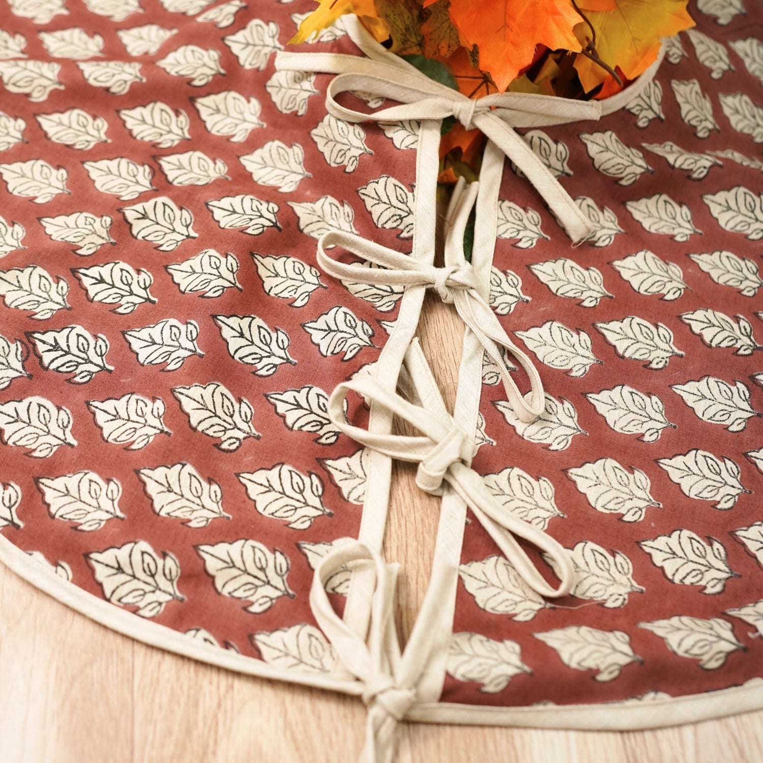 Handmade Brown & Beige Floral Block Printed Round Christmas Tree Skirt on Mayur Linen Blend for Tree Fuller Look 