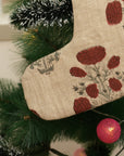 Handcrafted Thick Linen Brown & Gray Floral Block Printed Christmas Stockings Swadesh Design with Pompom