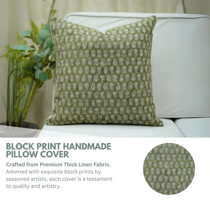 Indian Traditional Print Olive Green Linen Pillow - Tulsi Buti 