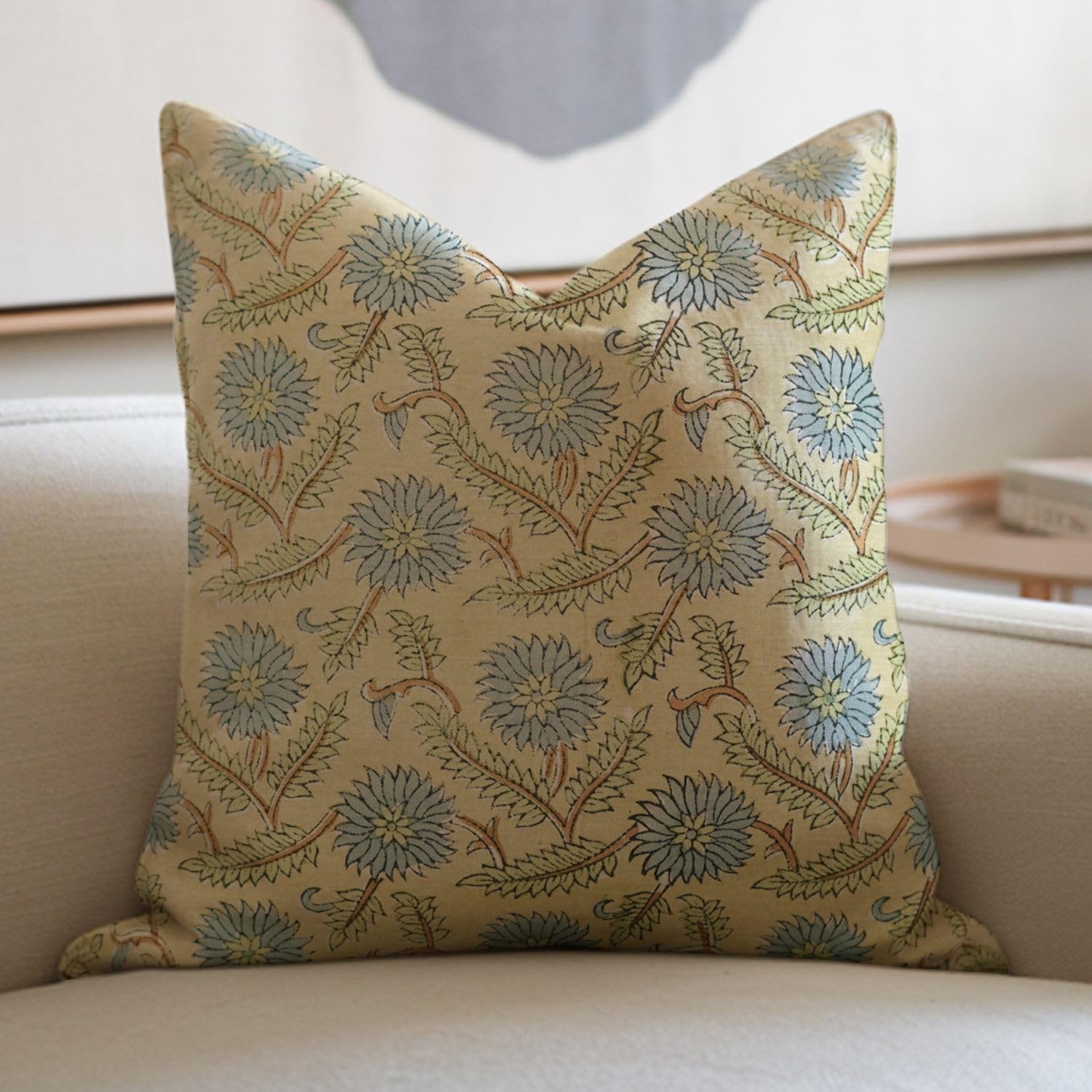 Fabdivine Floral Hand Block Print Linen Blend 14X14 Throw Cushion Cover, Indoor Farmhouse Pillowcase, Decorative for Sofa and Couch, Boho Home Decor,Swarna, Black