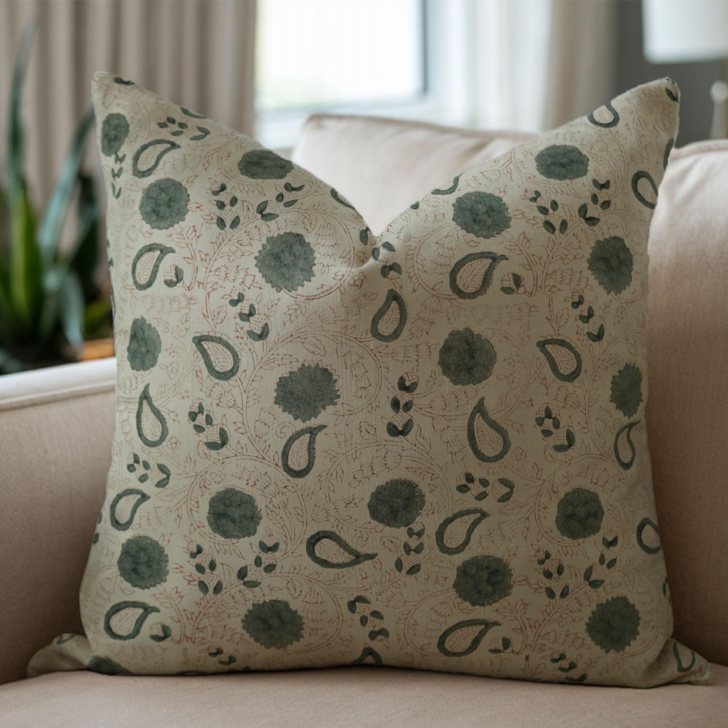 Fabdivine Handmade Block Print Cotton Satin Decorative Throw Square 20X20 Inch Pillow Cover with Hidden Zipper for Couch, Sofa, Bed, Thanksgiving, Summer, Spring Season, Fall Decoration, Gopy, Grey