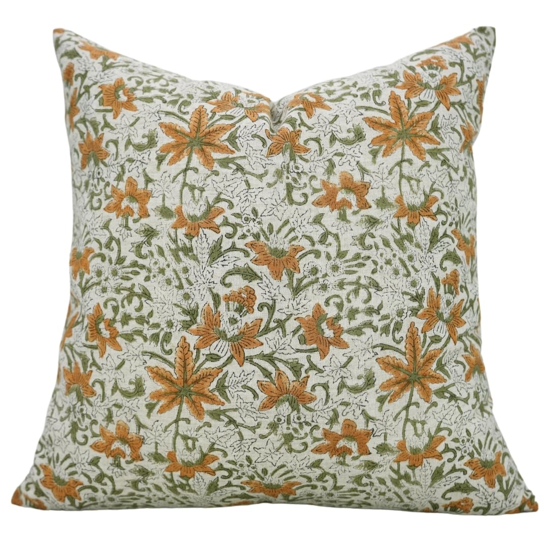 Fabdivine Handmade Floral Block Print Cotton Linen 18x18 Inches Decorative Throw Pillowcase Cushion Cover with Invisible Zipper for Sofa, Couch, Summer, Fall Seasons, Saptrishi, Orange