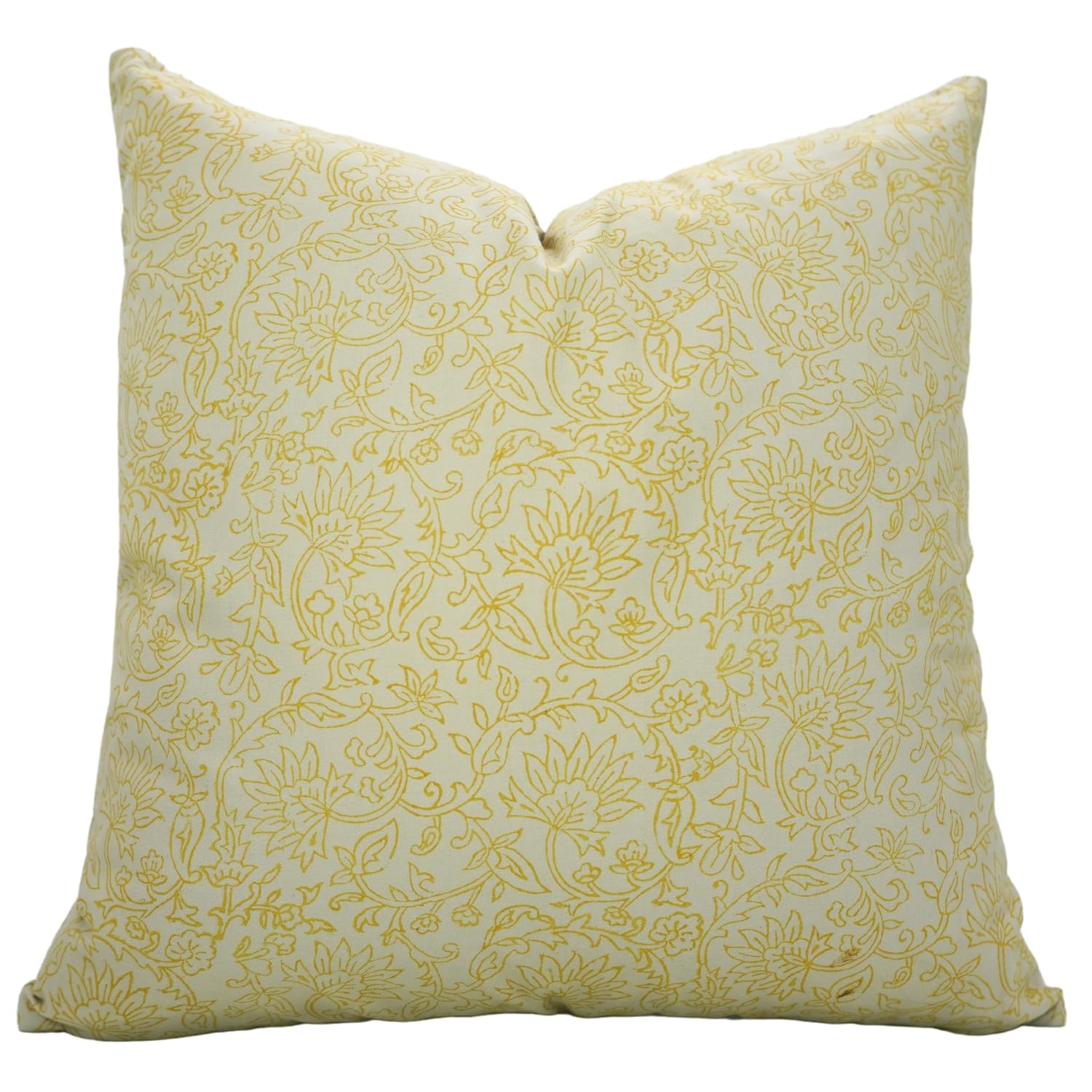 Fabdivine Cotton Satin Fabric Vintage Handmade Mustard Floral Block Print Soft Plush 24x24 Square Both Side Throw Pillow Cover Decorative for Home, Sofa & Couch, Banaras