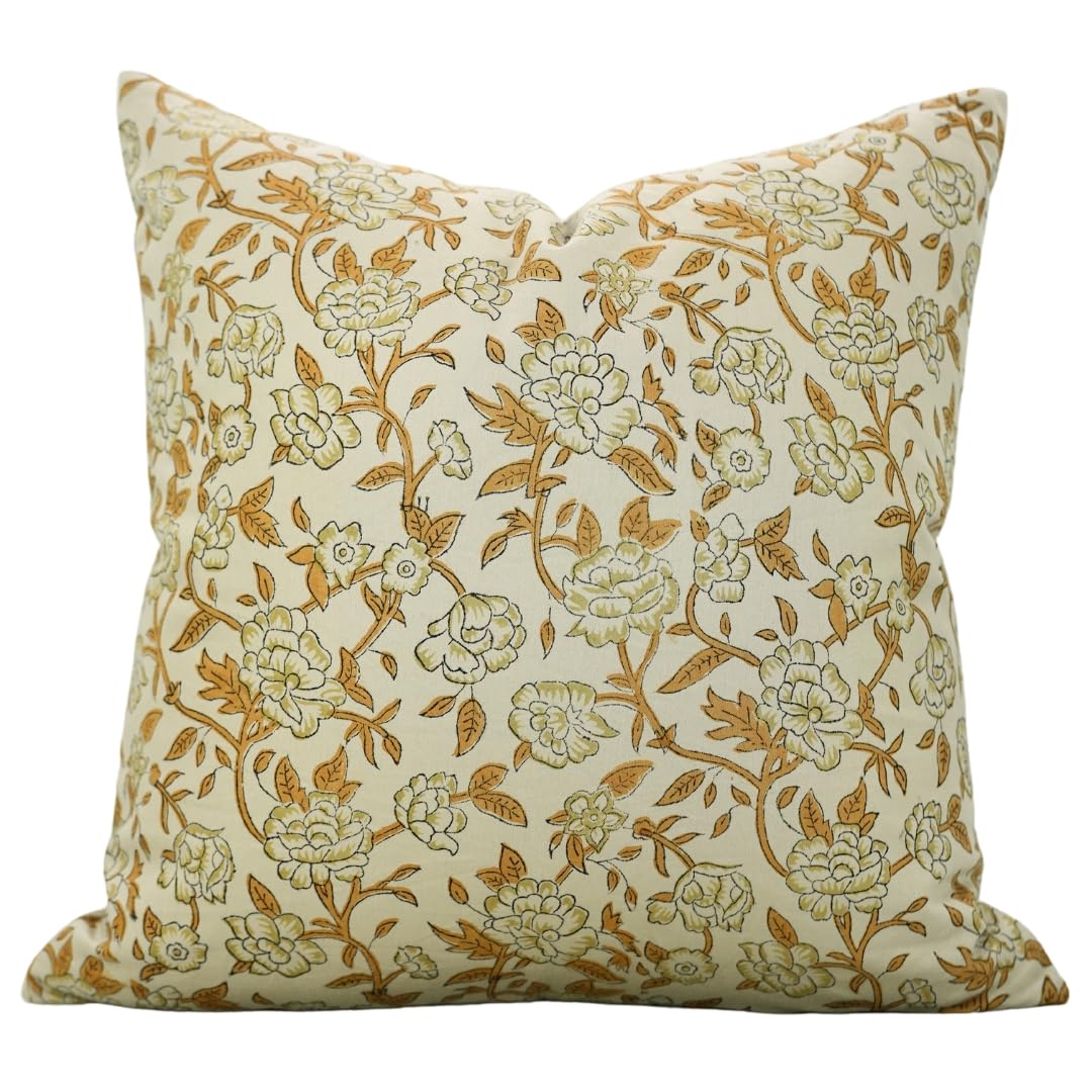 Fabdivine Handmade Block Print Cotton Satin 14'X36' Throw Pillowcase Cushion Cover, Home Décor, Living Room, Sustainable for Sofa and Couch, Floral Printed with Boho Design, Mrignayani, Brown