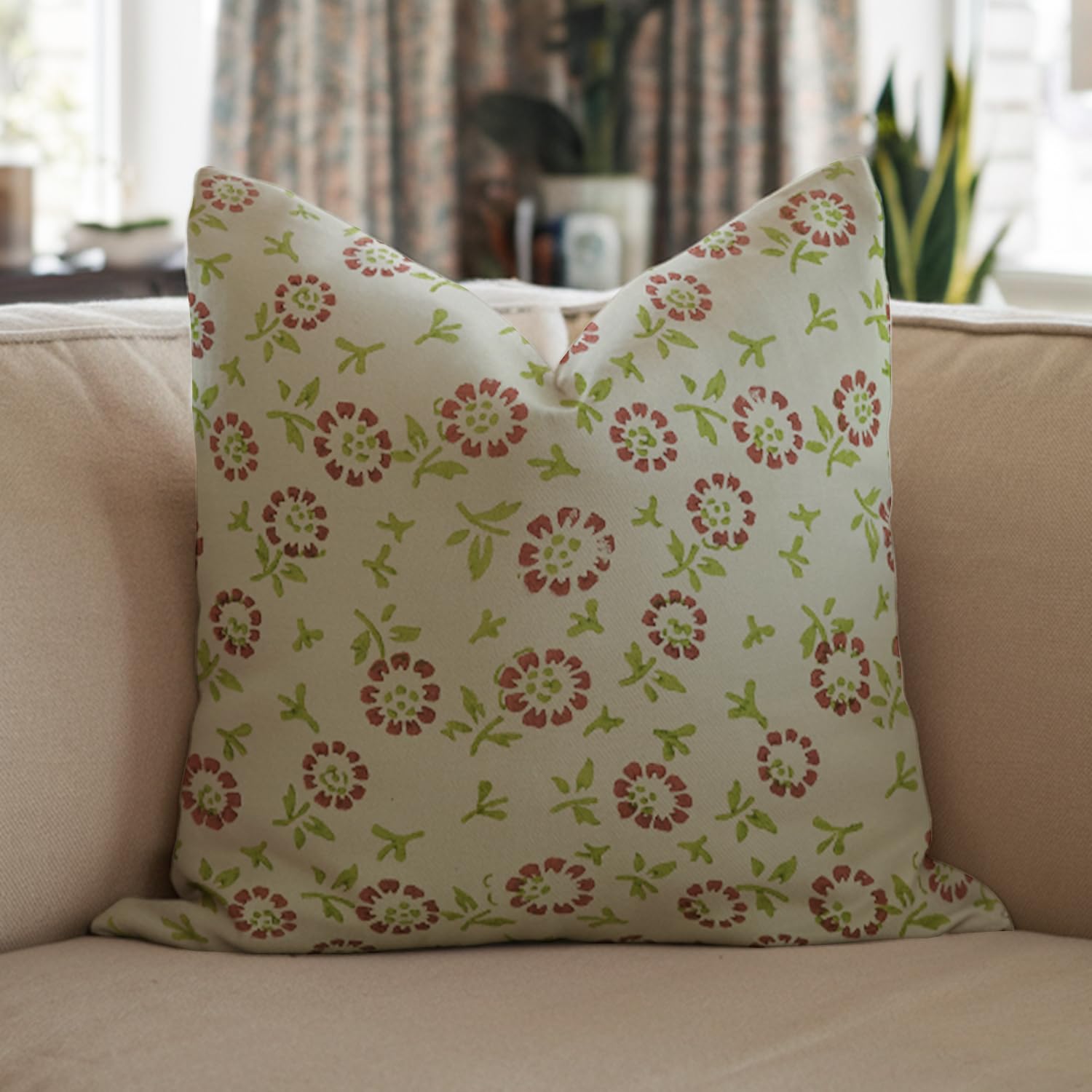 Fabdivine Handmade Block Print 14x14 Inch Cotton Satin Throw Pillowcase Cushion Cover with Hidden Zipper Decorative for Sofa, Couch, Chair, Living Room, Bedroom (Bloom-Red)