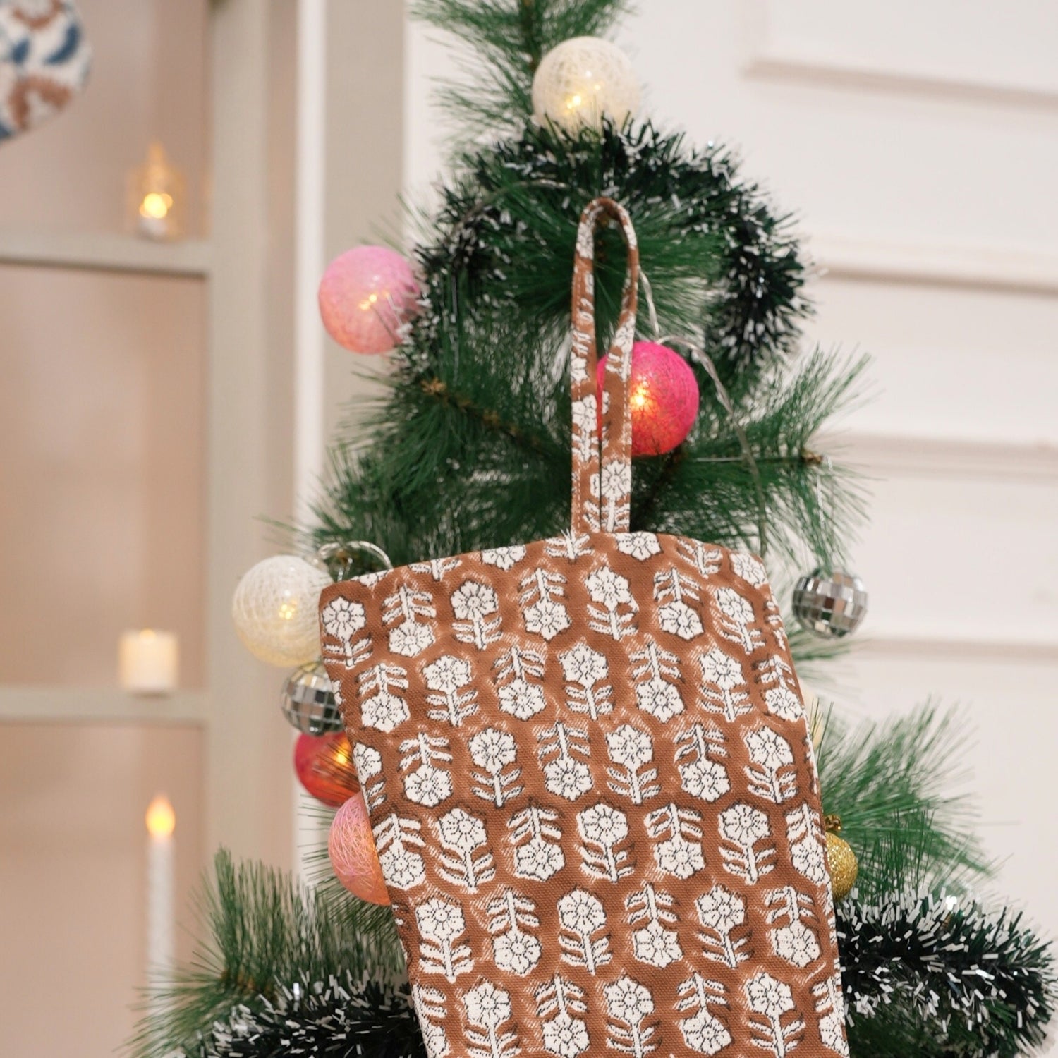 Block Printed Brown Mandakani Christmas Stockings Handcrafted on Thick White Cotton with Pom Pom Detailing Perfect for Farmhouse Hanging