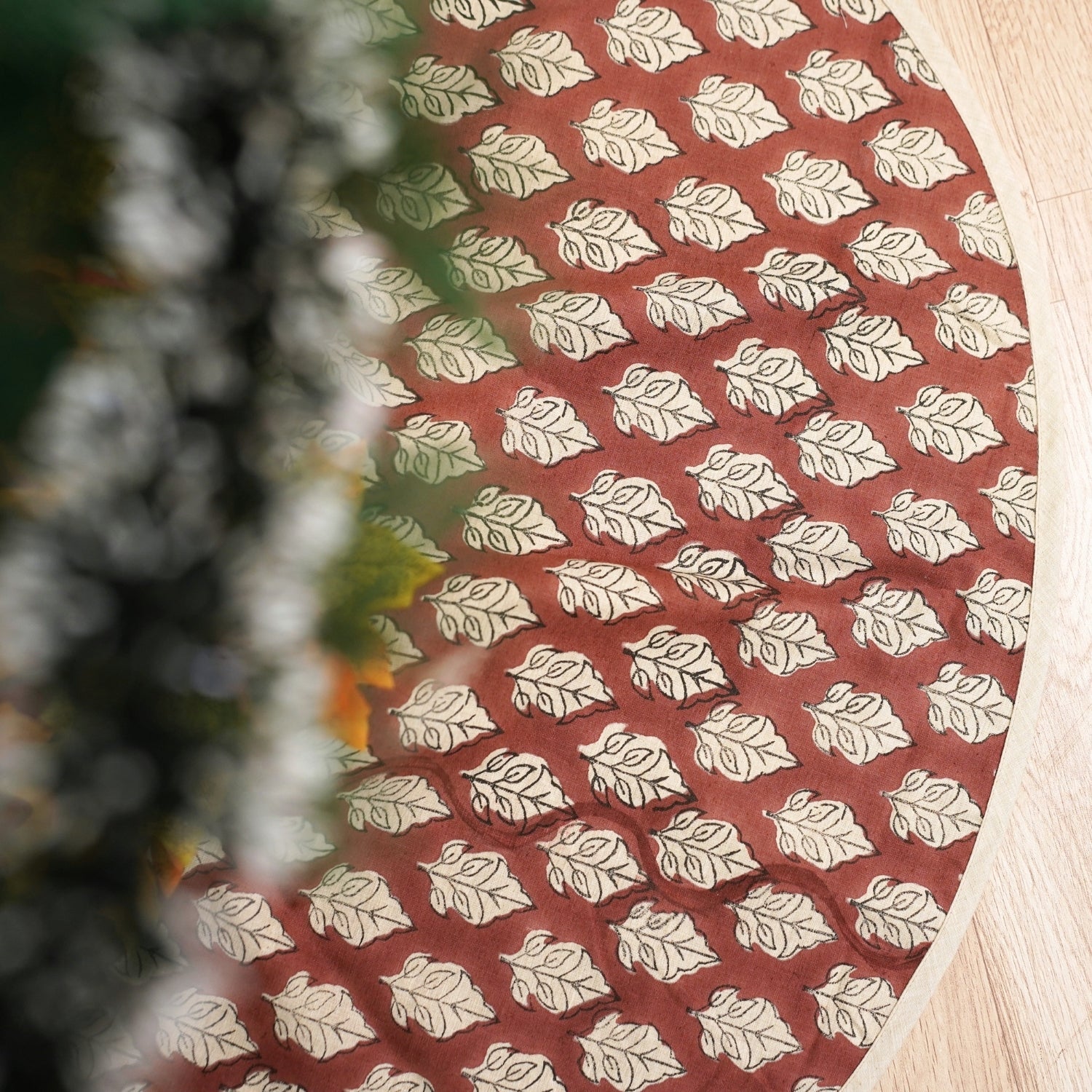 Handmade Brown & Beige Floral Block Printed Round Christmas Tree Skirt on Mayur Linen Blend for Tree Fuller Look 