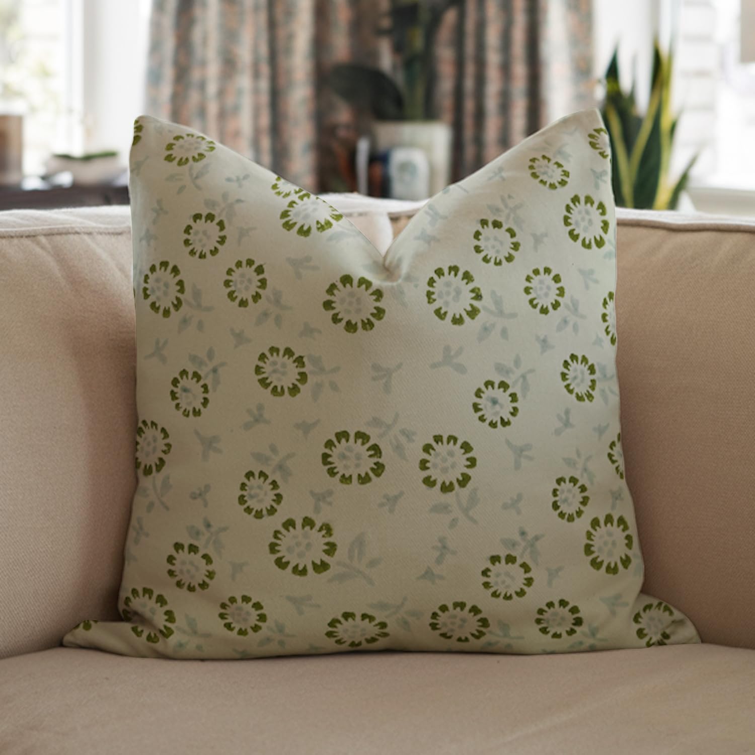 Fabdivine Handmade Block Print 12x34 Inch Cotton Satin Throw Pillowcase Cushion Cover with Hidden Zipper Decorative for Sofa, Couch, Chair, Living Room, Bedroom (Bloom-Green)