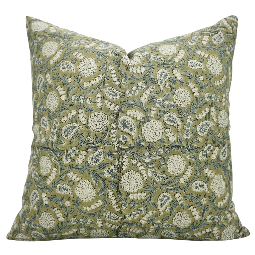 Fabdivine Handmade Block Print Cotton Linen 22'X22' Throw Pillowcase Cushion Cover, Home Décor, Living Room, Sustainable for Sofa and Couch, Fall Decoration, Floral Printed, Gopi, Gray