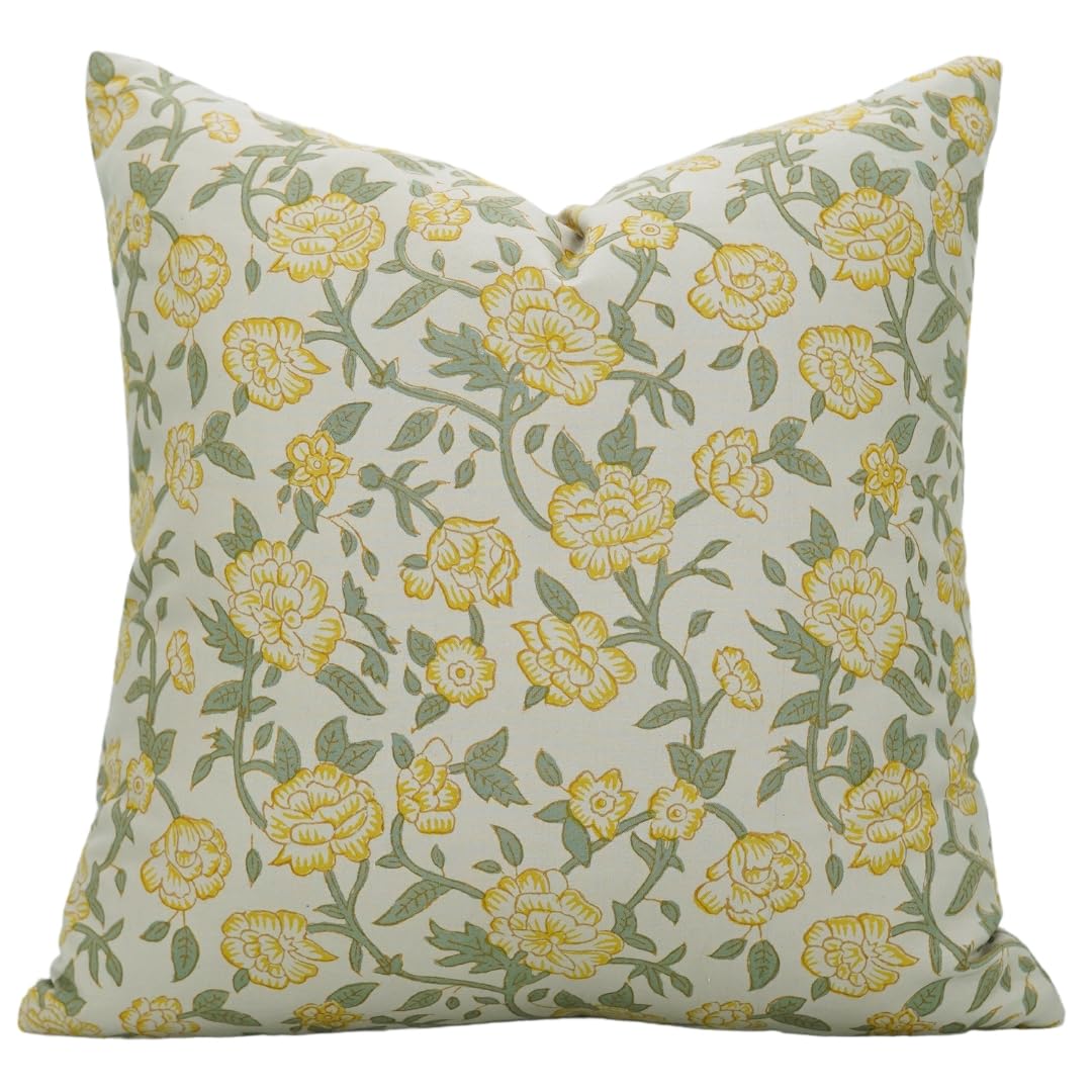 Fabdivine Handmade Block Print Cotton Satin 14'X20' Throw Pillowcase Cushion Cover, Home Décor, Living Room, Sustainable for Sofa and Couch, Floral Printed with Boho Design, Mrignayani, Yellow