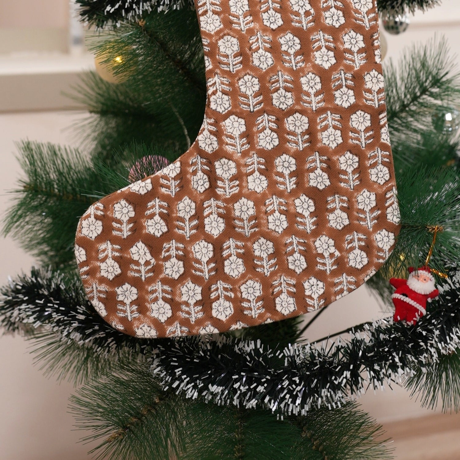 Block Printed Brown Mandakani Christmas Stockings Handcrafted on Thick White Cotton with Pom Pom Detailing Perfect for Farmhouse Hanging