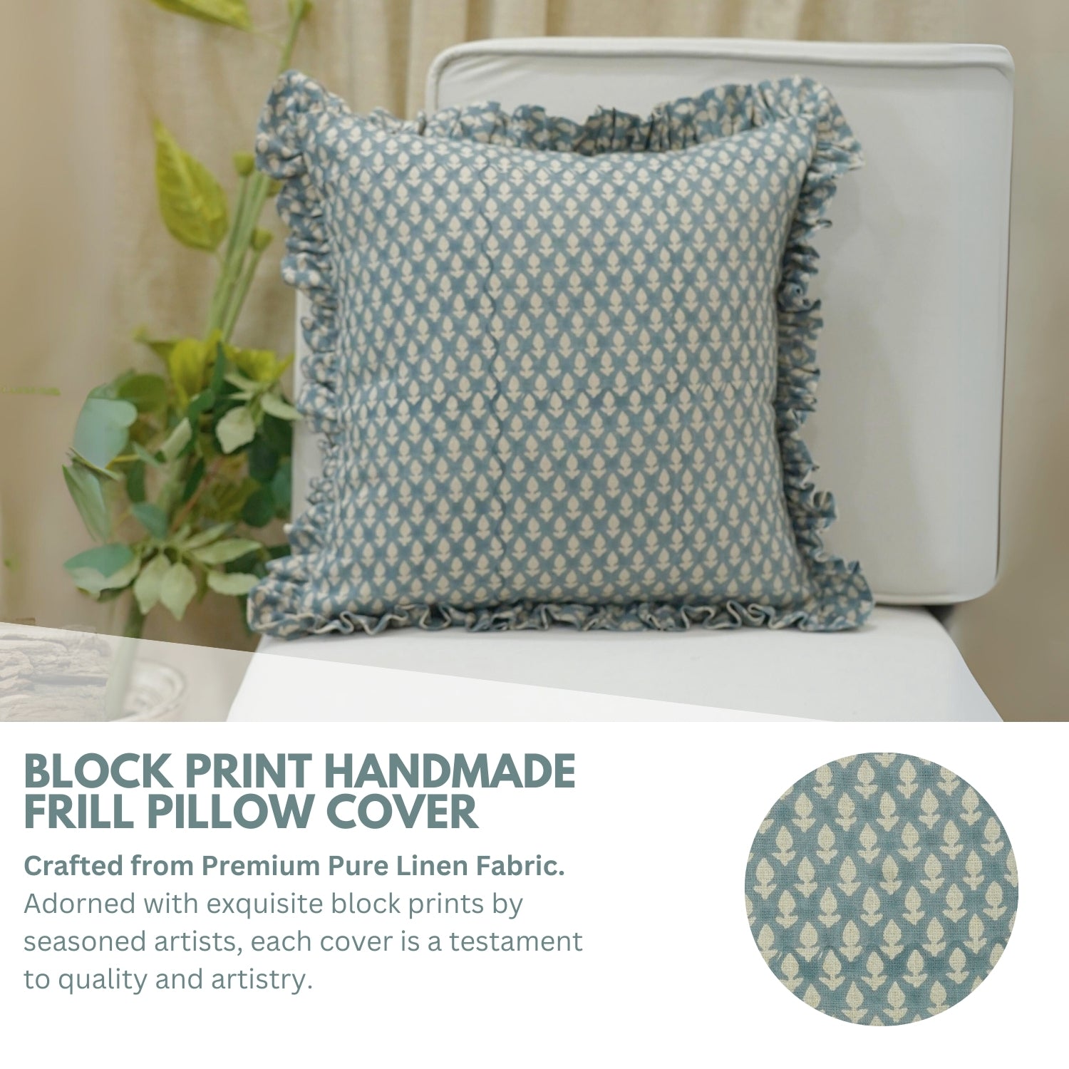 Floral Block Printed Pure Linen Frill Pillow Cover - Hariyali