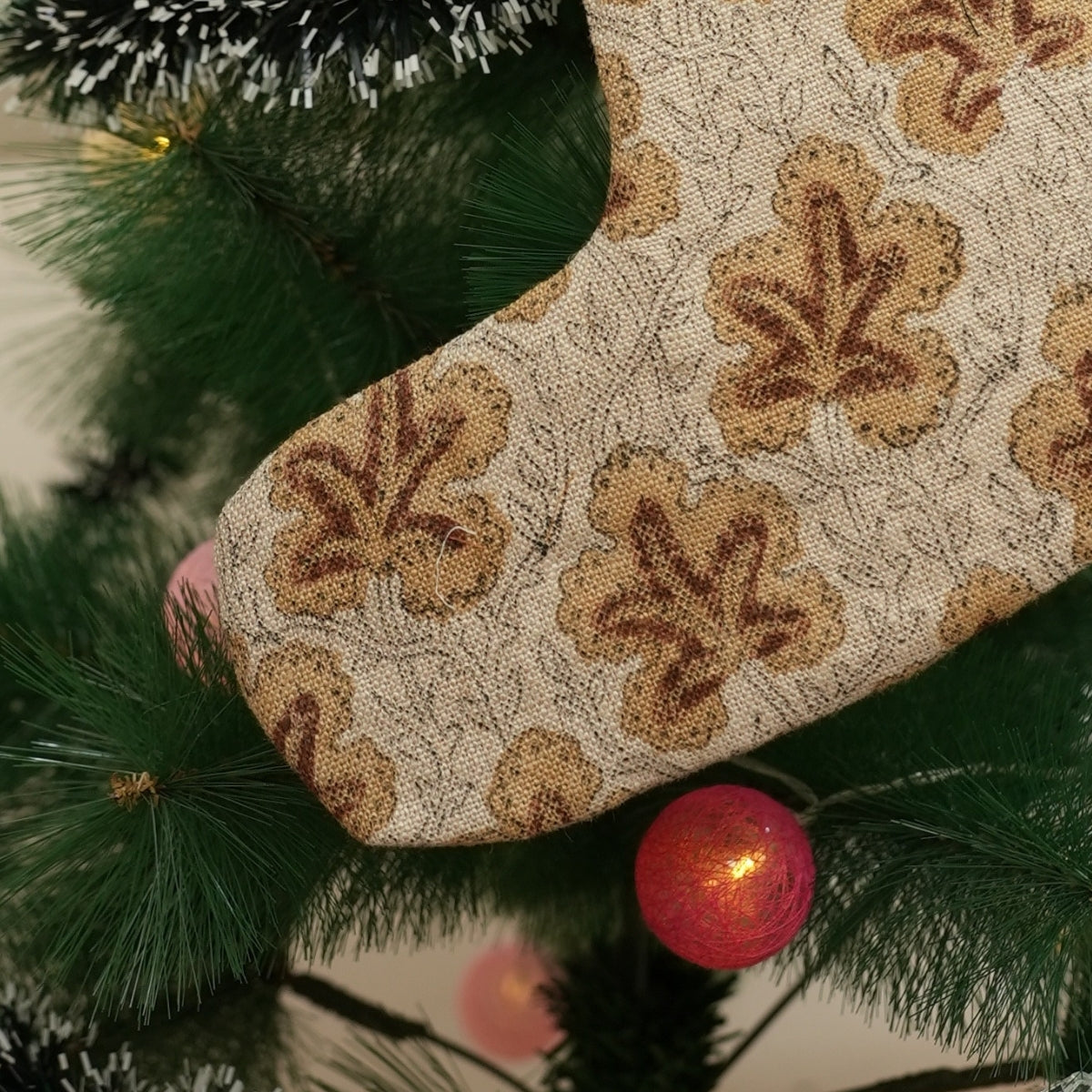 Brown & Mustard Floral Block Printed Pushp Samhita Christmas Stockings on Thick Linen Elegant Festive Decor for Home & Holiday Season