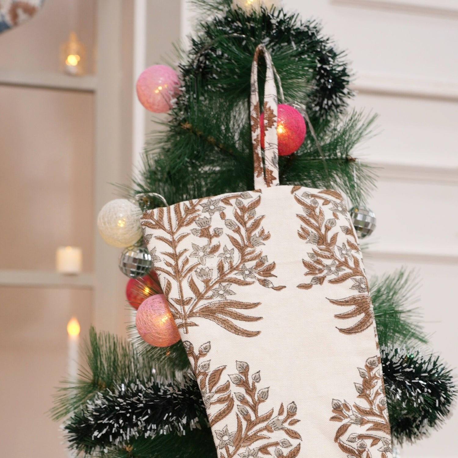 Block Printed Thick Cotton White Brown & Gray Floral Vrindavan Christmas Stockings with Pompom for Farmhouse & Festive Holiday Decor