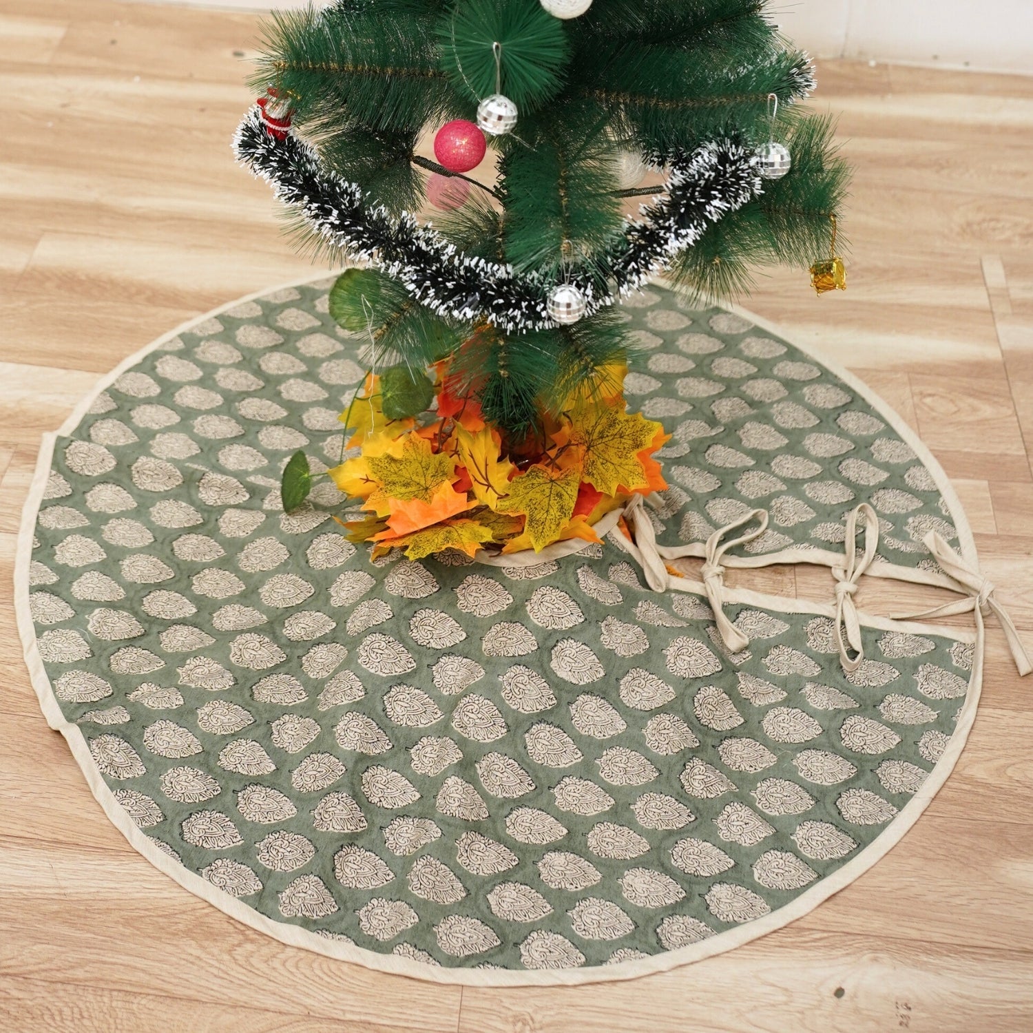Indian Printed Round Christmas Tree Skirt in Dolphin Gray & Black Floral Betel Leaf Linen Blend Boho Cozy Look