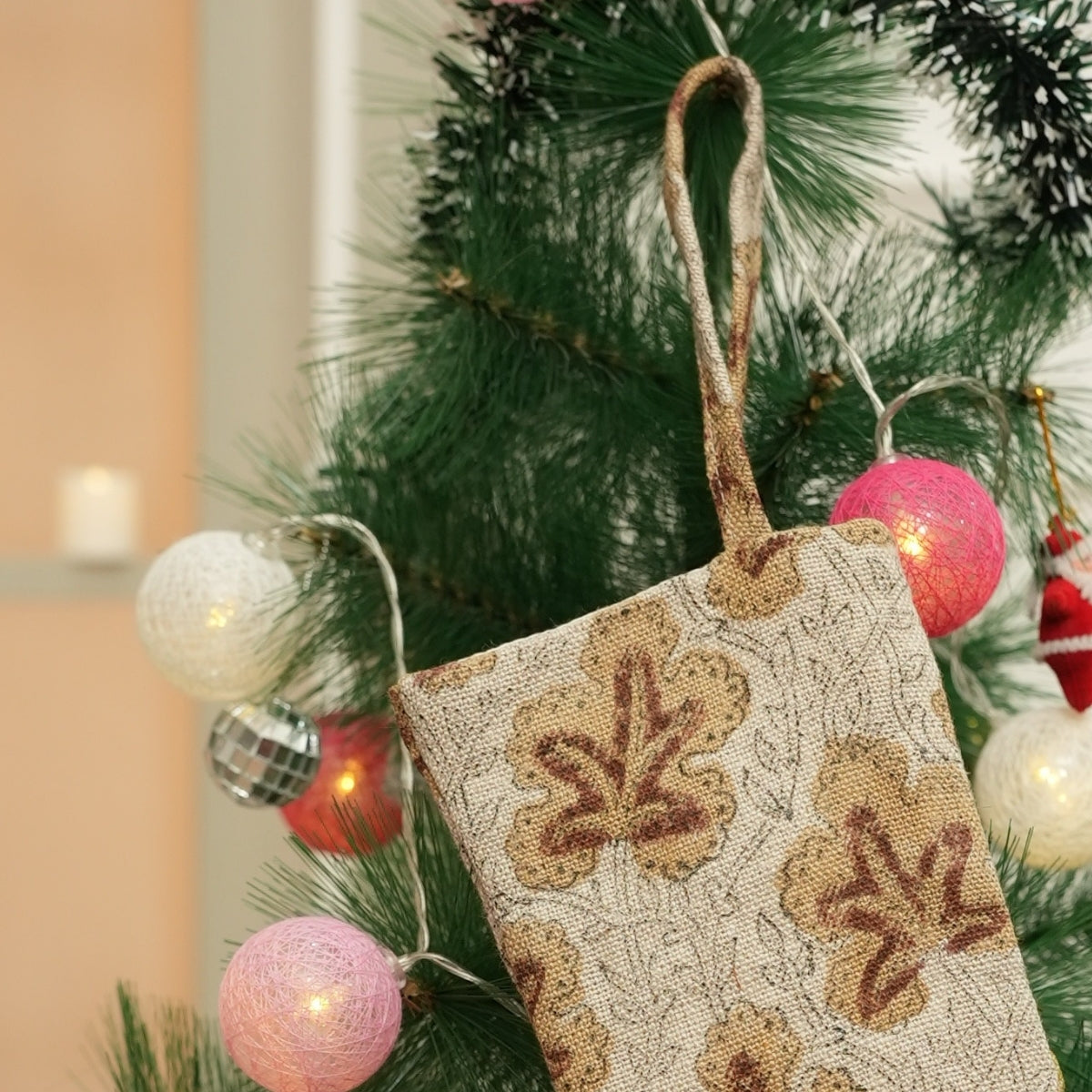 Brown & Mustard Floral Block Printed Pushp Samhita Christmas Stockings on Thick Linen Elegant Festive Decor for Home & Holiday Season