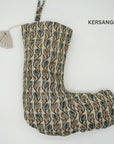 Block Printed Holiday Christmas Stockings in Linen Brown & Blue Floral with Pom Pom Decorative - Mandakni