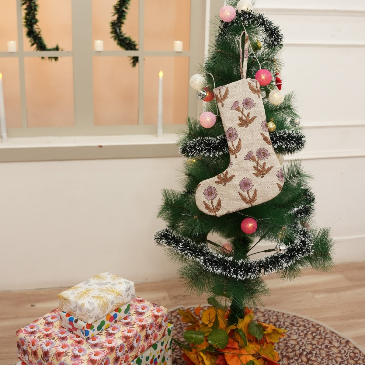 Hand Block Printed Purple & Brown Floral Christmas Stocking in Thick Linen Festive Farmhouse Holiday Decor with Pom Pom Accent – KIRTI