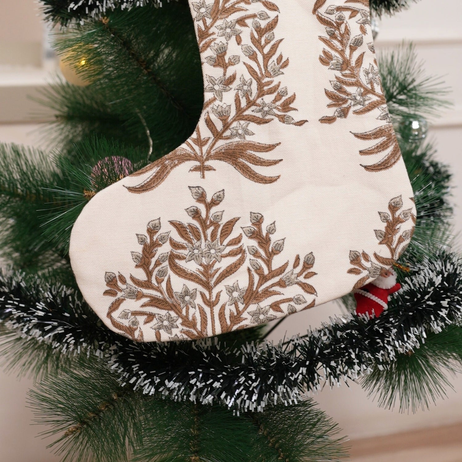 Block Printed Thick Cotton White Brown & Gray Floral Vrindavan Christmas Stockings with Pompom for Farmhouse & Festive Holiday Decor
