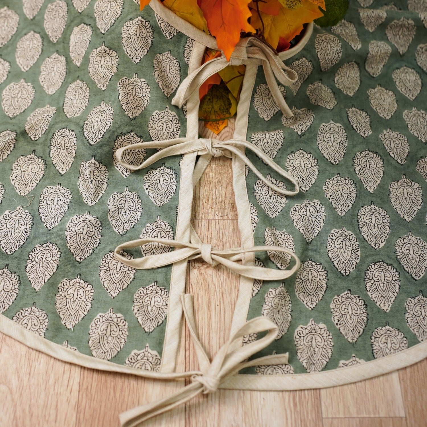 Indian Printed Round Christmas Tree Skirt in Dolphin Gray & Black Floral Betel Leaf Linen Blend Boho Cozy Look