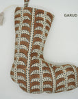 Hand Block Printed Linen Christmas Stockings Black & Brown Floral Design with Pom Pom Holiday Decor
