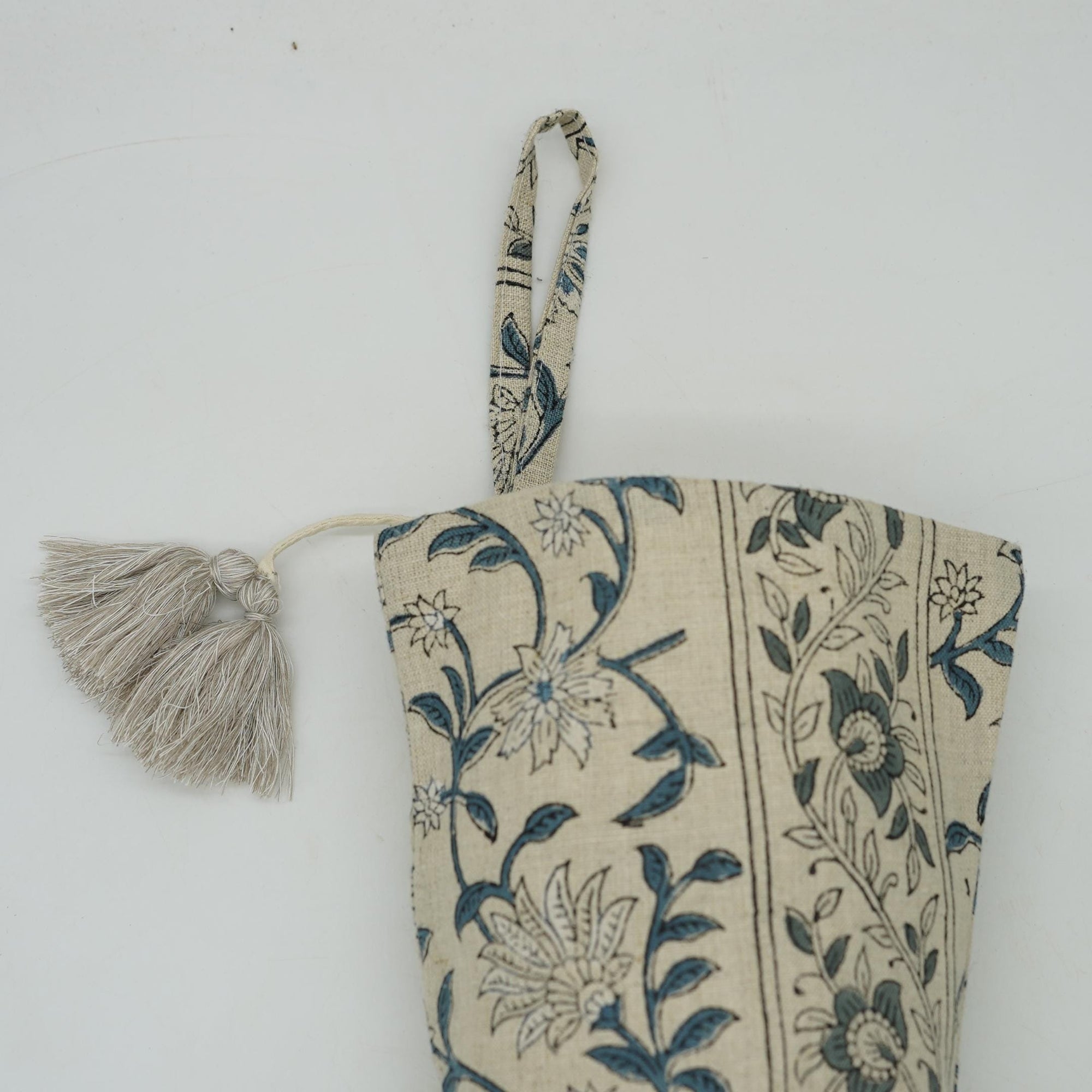 Hand Block Printed Linen Christmas Stockings Black &amp; Brown Floral Design with Pom Pom Holiday Decor