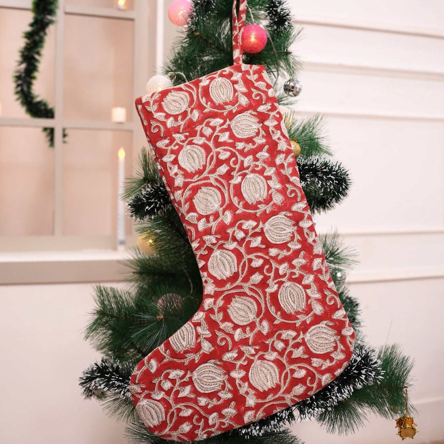 Hand Block Printed Thick Linen Christmas Stockings Red and Dark Vanilla Floral Design with Pom Pom Holiday Decor