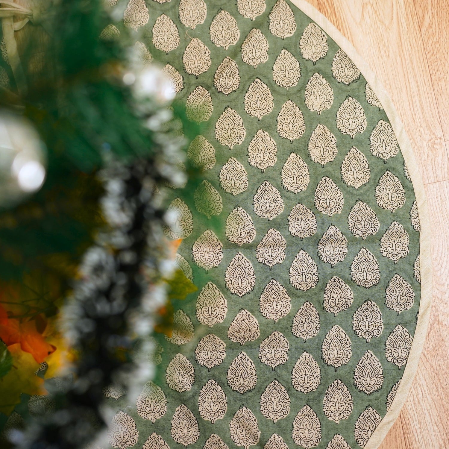 Indian Printed Round Christmas Tree Skirt in Dolphin Gray & Black Floral Betel Leaf Linen Blend Boho Cozy Look