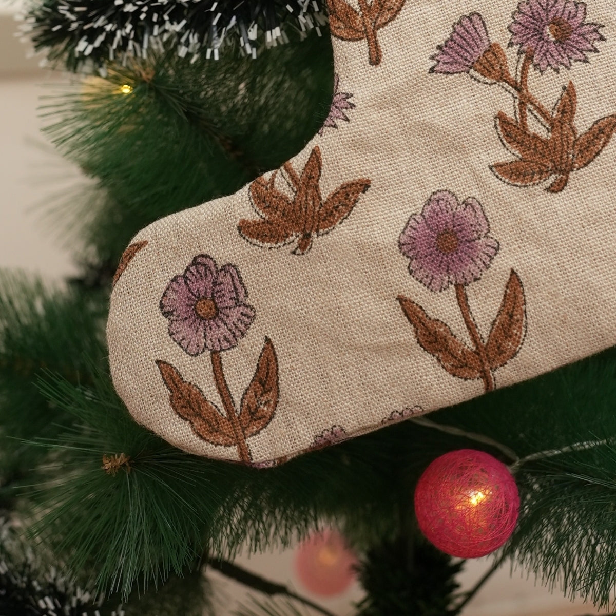 Hand Block Printed Purple & Brown Floral Christmas Stocking in Thick Linen Festive Farmhouse Holiday Decor with Pom Pom Accent – KIRTI