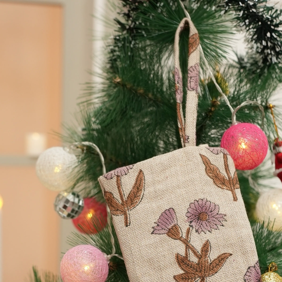 Hand Block Printed Purple & Brown Floral Christmas Stocking in Thick Linen Festive Farmhouse Holiday Decor with Pom Pom Accent – KIRTI