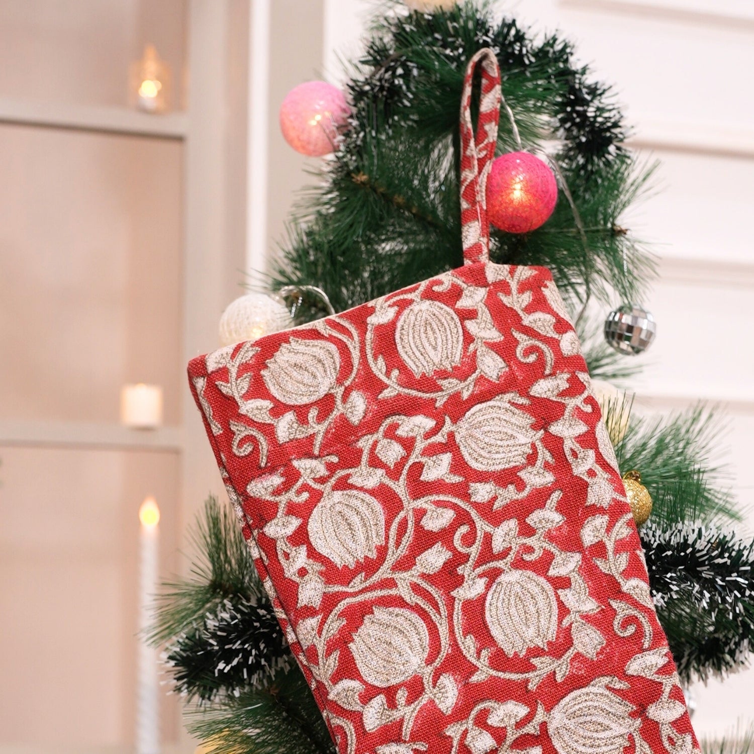 Hand Block Printed Thick Linen Christmas Stockings Red and Dark Vanilla Floral Design with Pom Pom Holiday Decor