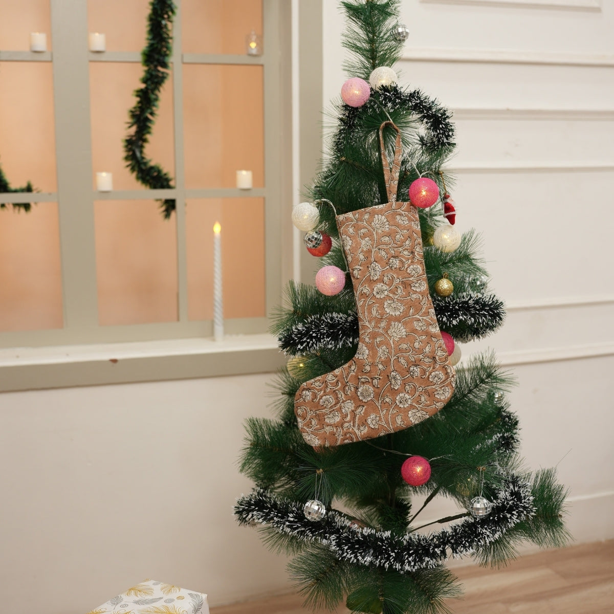 Indian Hand Block Printed Himachal Brown & Beige Floral Thick Linen Christmas Stockings Ethnic Festive Decor & Gifting