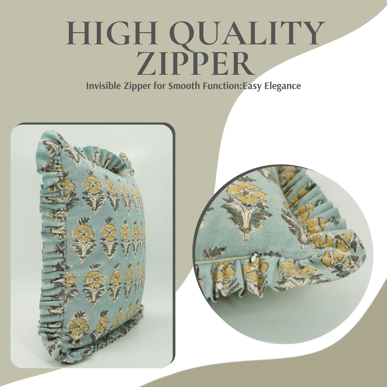 Hand Block Printed Duck Canvas Frill Pillow Cover - Mormukut