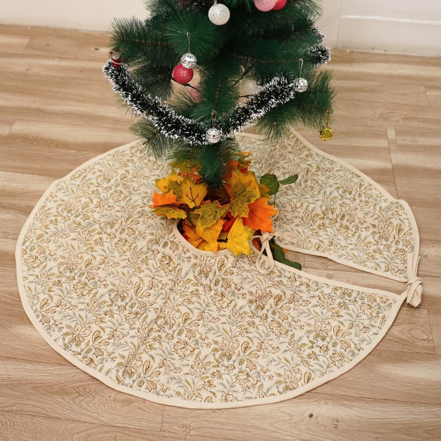 Handmade Indian Block Art Gray & Mustard Leaf Floral Duck Canvas Christmas Tree Skirt in Qudarat House Decor