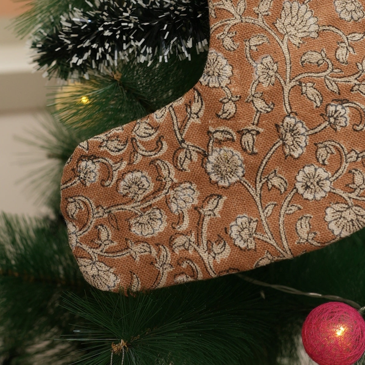Indian Hand Block Printed Himachal Brown & Beige Floral Thick Linen Christmas Stockings Ethnic Festive Decor & Gifting