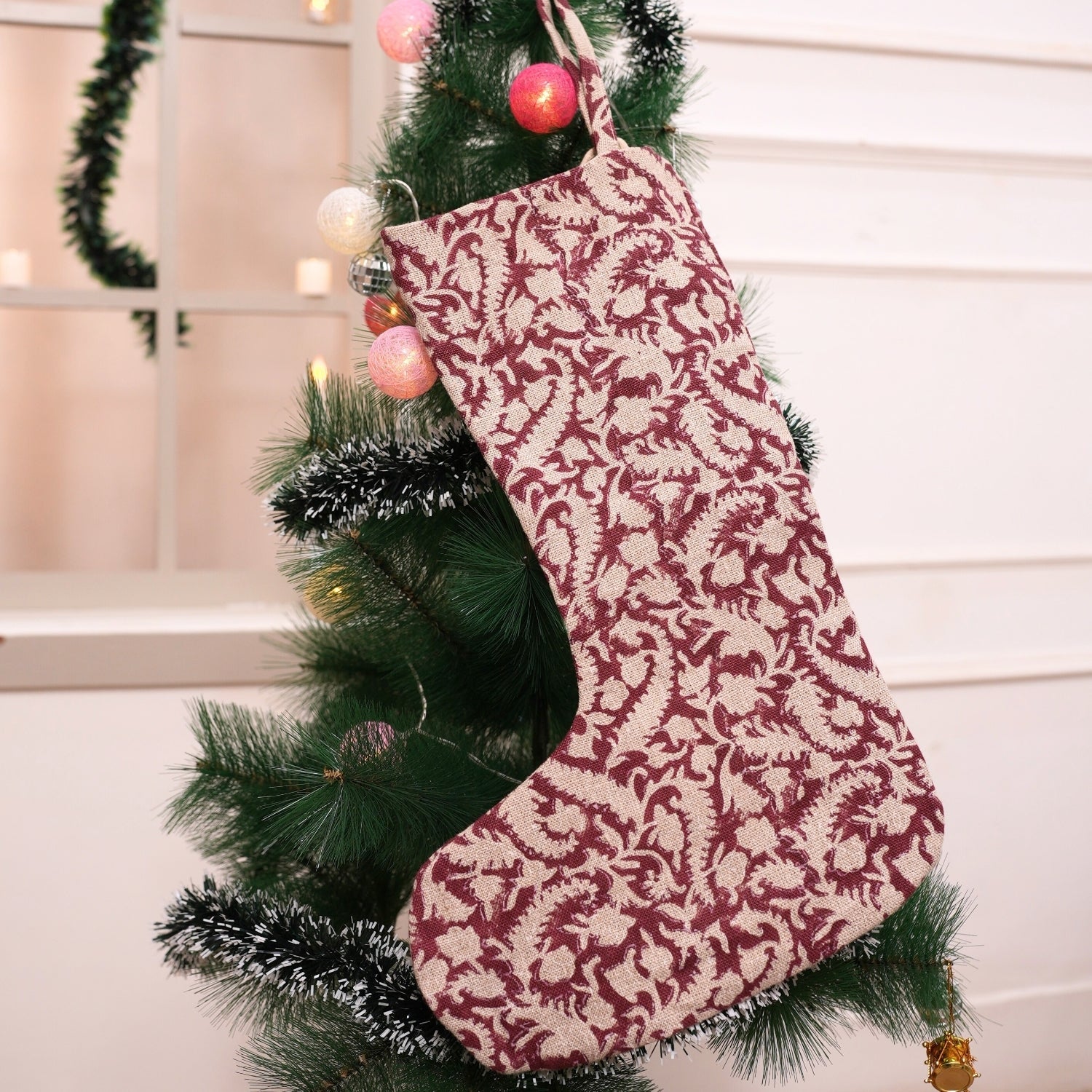 Handcrafted Black Forest Maroon & Beige Floral Block Printed Thick Linen Christmas Stockings with Pom Pom Elegant Holiday Décor