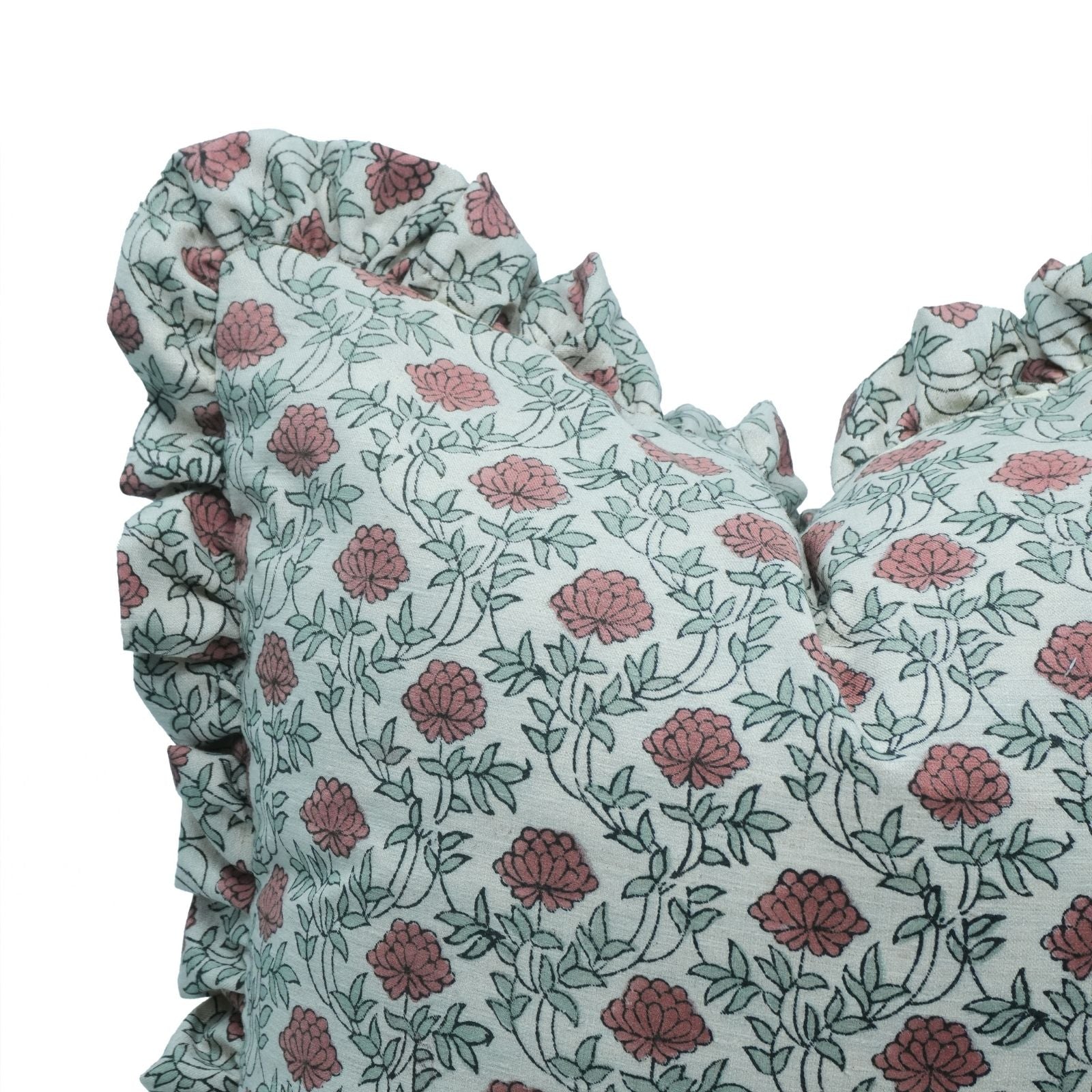 Block Print Red Floral Farmhouse Frill Pillow Cover - Khushbu