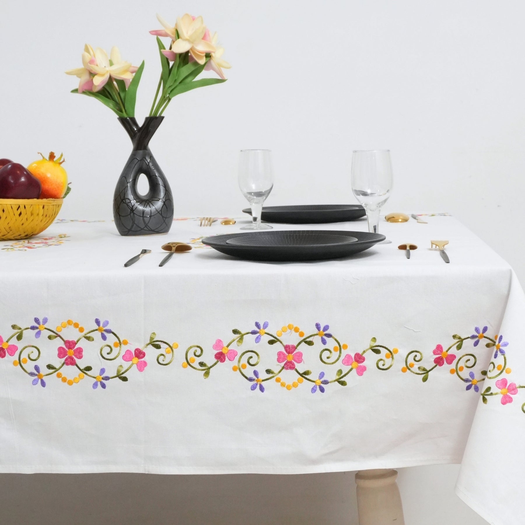 Pink and Green Floral Embroidered Thick Cotton Table Cover